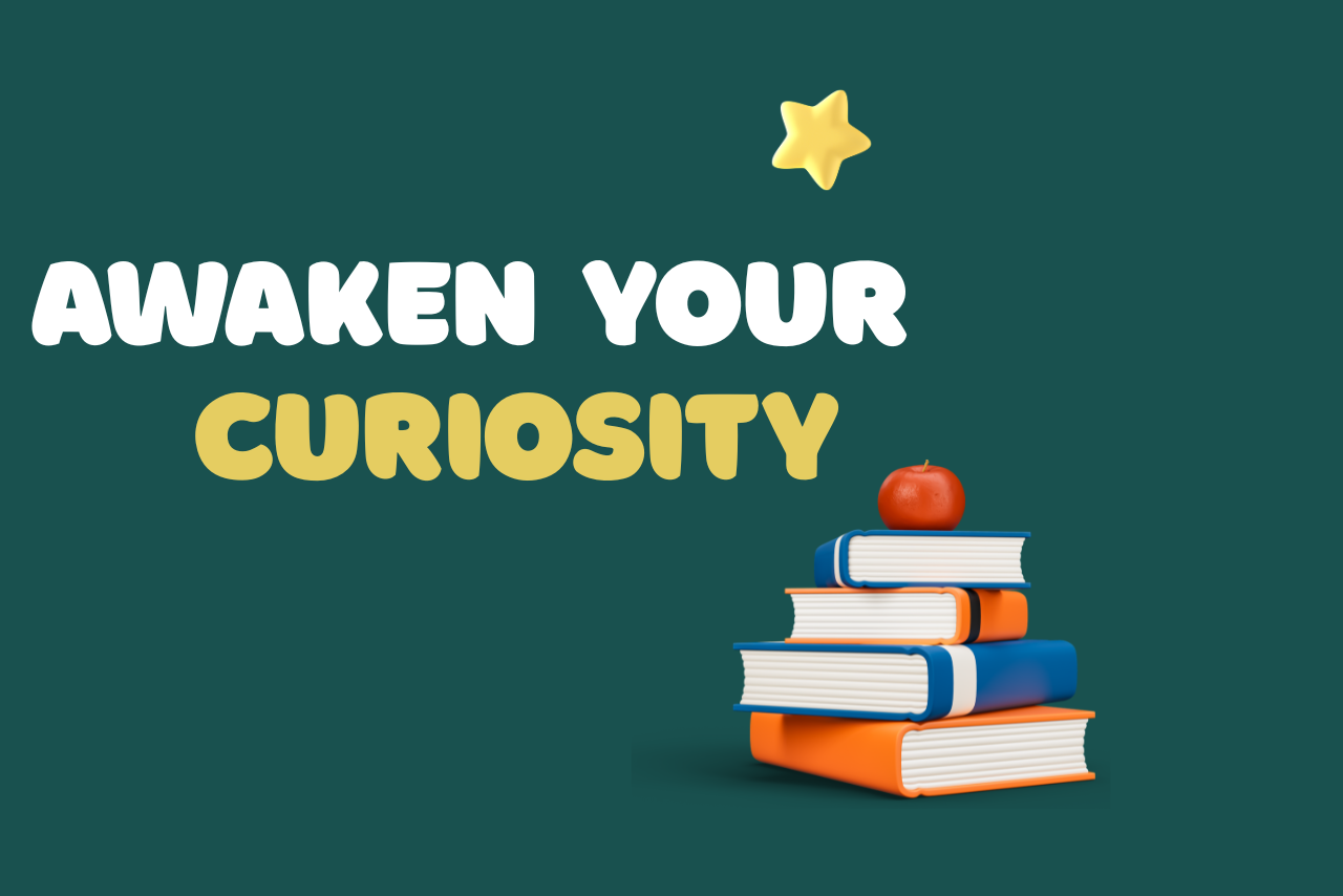 Awaken your curiosity with an image of stacked books and an apple.